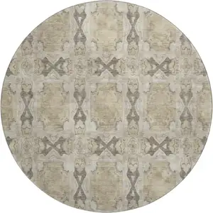 Photo of 8' Beige Gray And Ivory Floral Medallion Washable Round Rug With UV Protection
