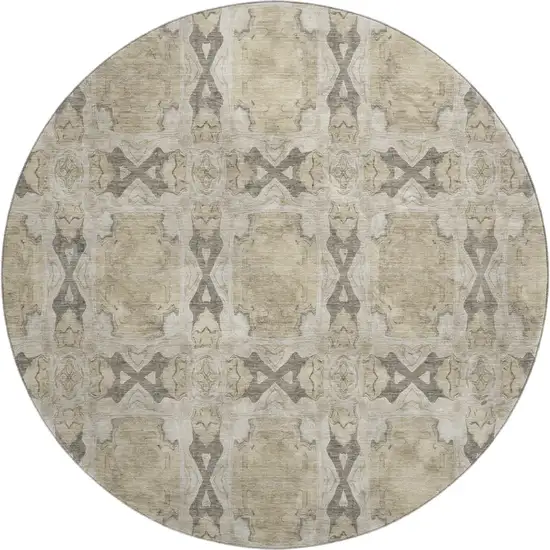 8' Beige Gray And Ivory Floral Medallion Washable Round Rug With UV Protection Photo 1
