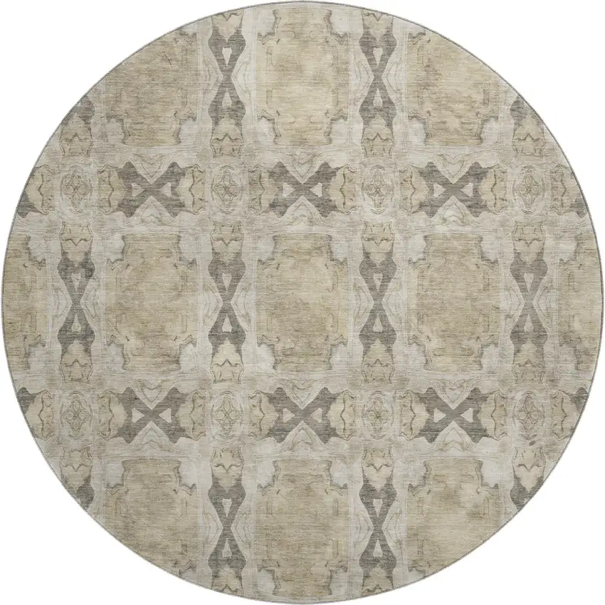 8' Beige Gray And Ivory Floral Medallion Washable Round Rug With UV Protection Photo 1