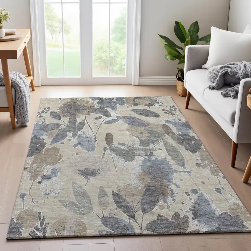 8' Beige Gray And Ivory Floral Washable Area Rug With UV Protection Photo 5