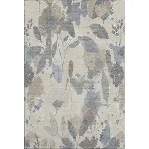 Photo of 8' Beige Gray And Ivory Floral Washable Area Rug With UV Protection