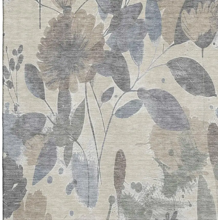 8' Beige Gray And Ivory Floral Washable Area Rug With UV Protection Photo 3