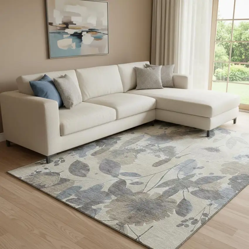 8' Beige Gray And Ivory Floral Washable Area Rug With UV Protection Photo 2