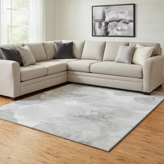 8' Beige Gray And Ivory Floral Washable Area Rug With UV Protection Photo 2