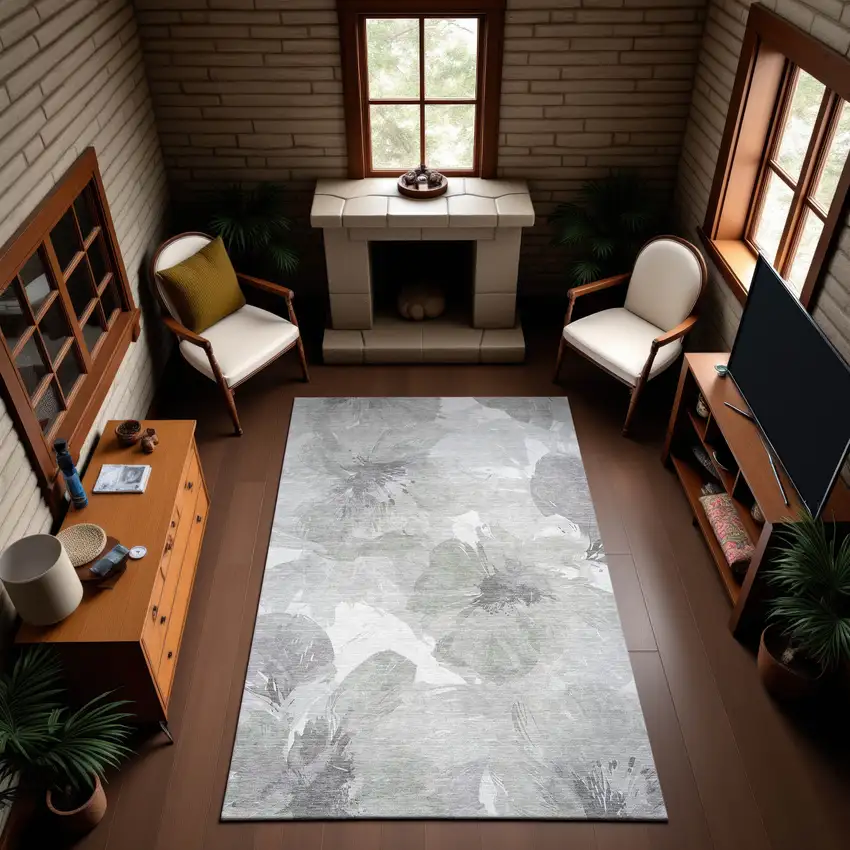 8' Beige Gray And Ivory Floral Washable Area Rug With UV Protection Photo 4