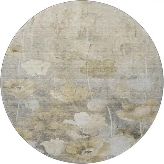 8' Beige Gray And Ivory Floral Washable Round Rug With UV Protection Photo 4