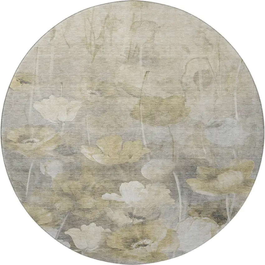 8' Beige Gray And Ivory Floral Washable Round Rug With UV Protection Photo 4