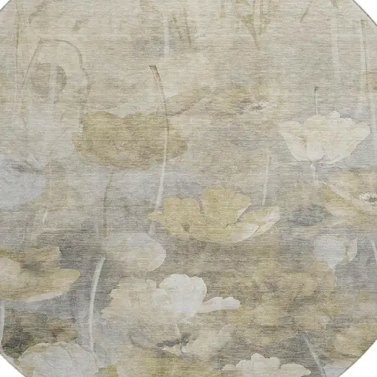 8' Beige Gray And Ivory Floral Washable Round Rug With UV Protection Photo 3