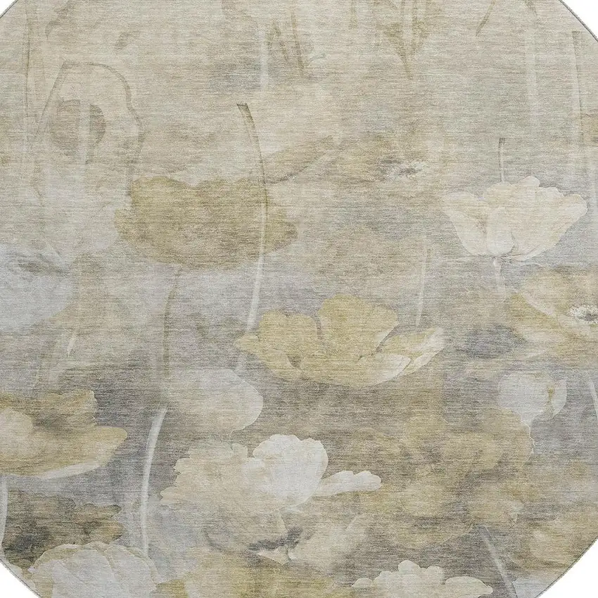 8' Beige Gray And Ivory Floral Washable Round Rug With UV Protection Photo 3