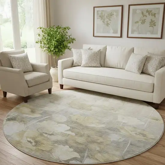 8' Beige Gray And Ivory Floral Washable Round Rug With UV Protection Photo 1