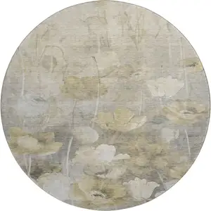 Photo of 8' Beige Gray And Ivory Floral Washable Round Rug With UV Protection
