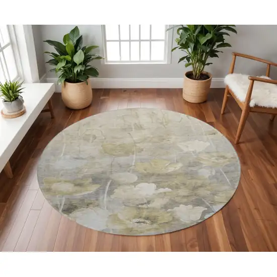 8' Beige Gray And Ivory Floral Washable Round Rug With UV Protection Photo 2