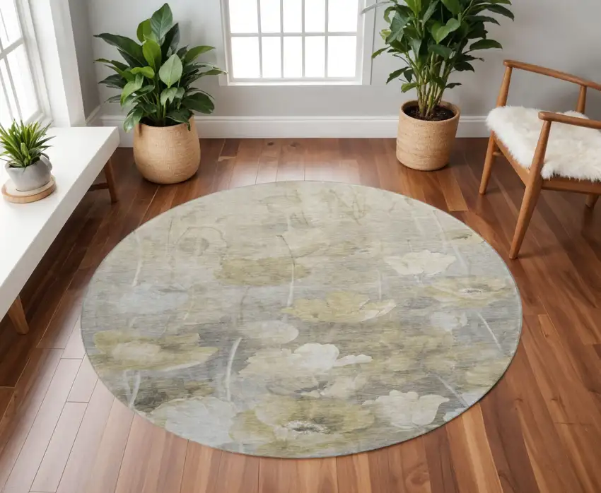 8' Beige Gray And Ivory Floral Washable Round Rug With UV Protection Photo 2