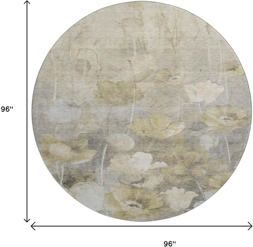 8' Beige Gray And Ivory Floral Washable Round Rug With UV Protection Photo 3
