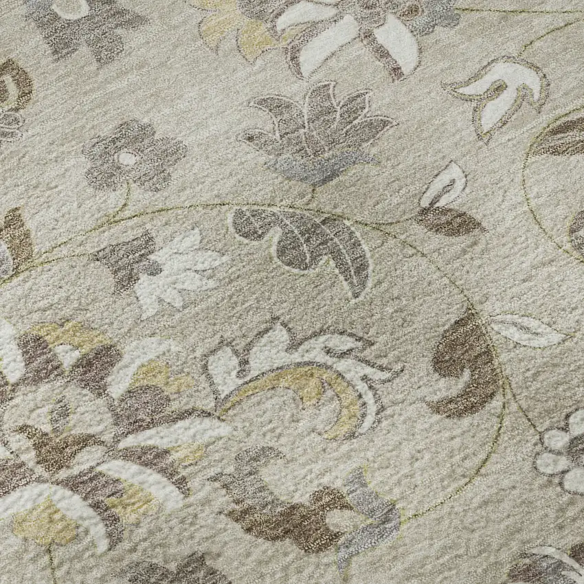 8' Beige Gray And Ivory Floral Washable Round Rug With UV Protection Photo 8