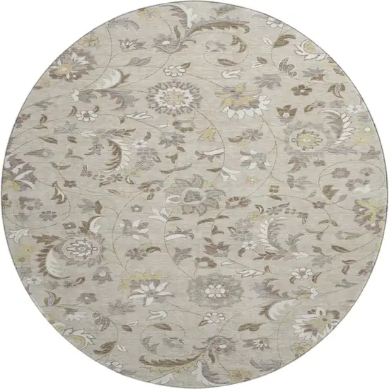 8' Beige Gray And Ivory Floral Washable Round Rug With UV Protection Photo 1