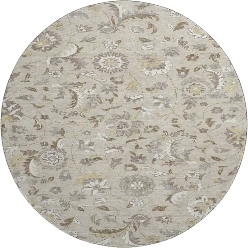 8' Beige Gray And Ivory Floral Washable Round Rug With UV Protection Photo 1