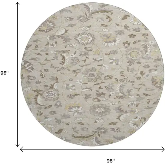 8' Beige Gray And Ivory Floral Washable Round Rug With UV Protection Photo 9