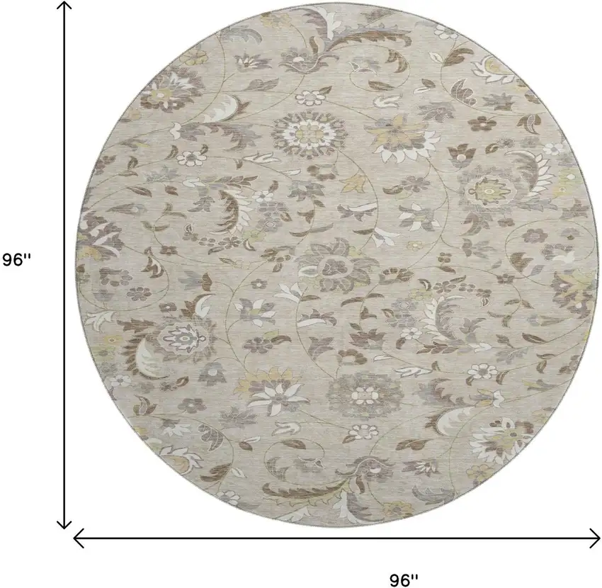 8' Beige Gray And Ivory Floral Washable Round Rug With UV Protection Photo 9