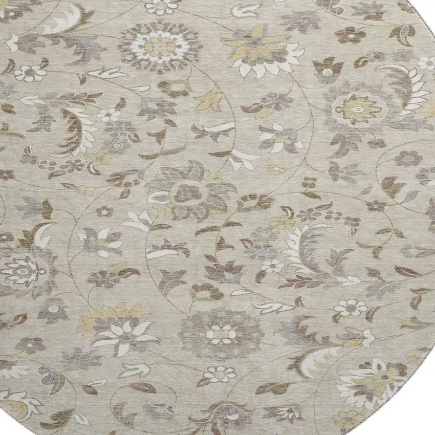 8' Beige Gray And Ivory Floral Washable Round Rug With UV Protection Photo 2