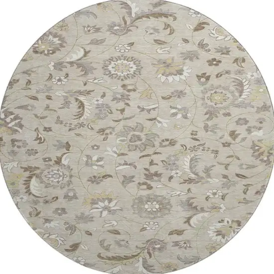 8' Beige Gray And Ivory Floral Washable Round Rug With UV Protection Photo 3