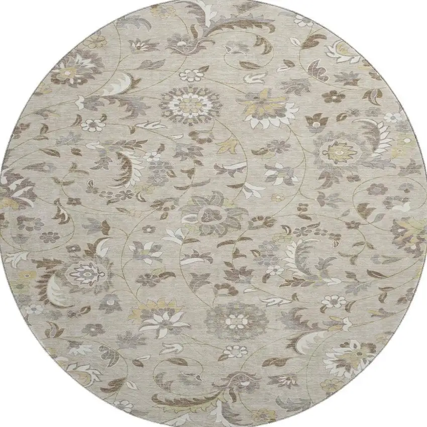 8' Beige Gray And Ivory Floral Washable Round Rug With UV Protection Photo 3