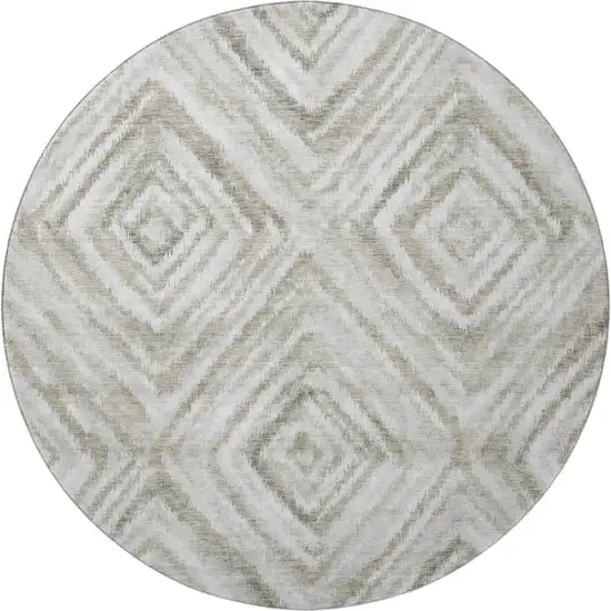 8' Beige Gray And Ivory Geometric Washable Round Rug With UV Protection Photo 3