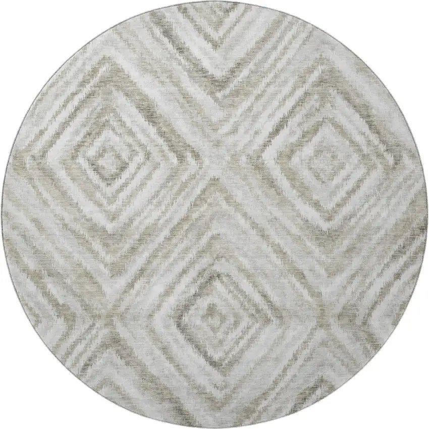 8' Beige Gray And Ivory Geometric Washable Round Rug With UV Protection Photo 3