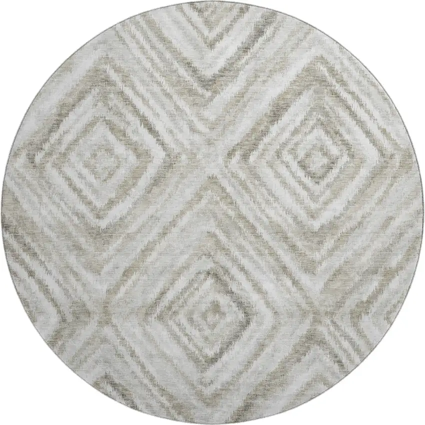 8' Beige Gray And Ivory Geometric Washable Round Rug With UV Protection Photo 1