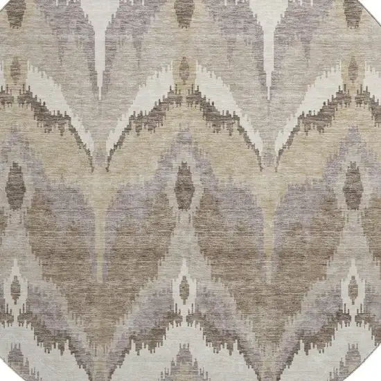 8' Beige Gray And Ivory Ikat Washable Round Rug With UV Protection Photo 3