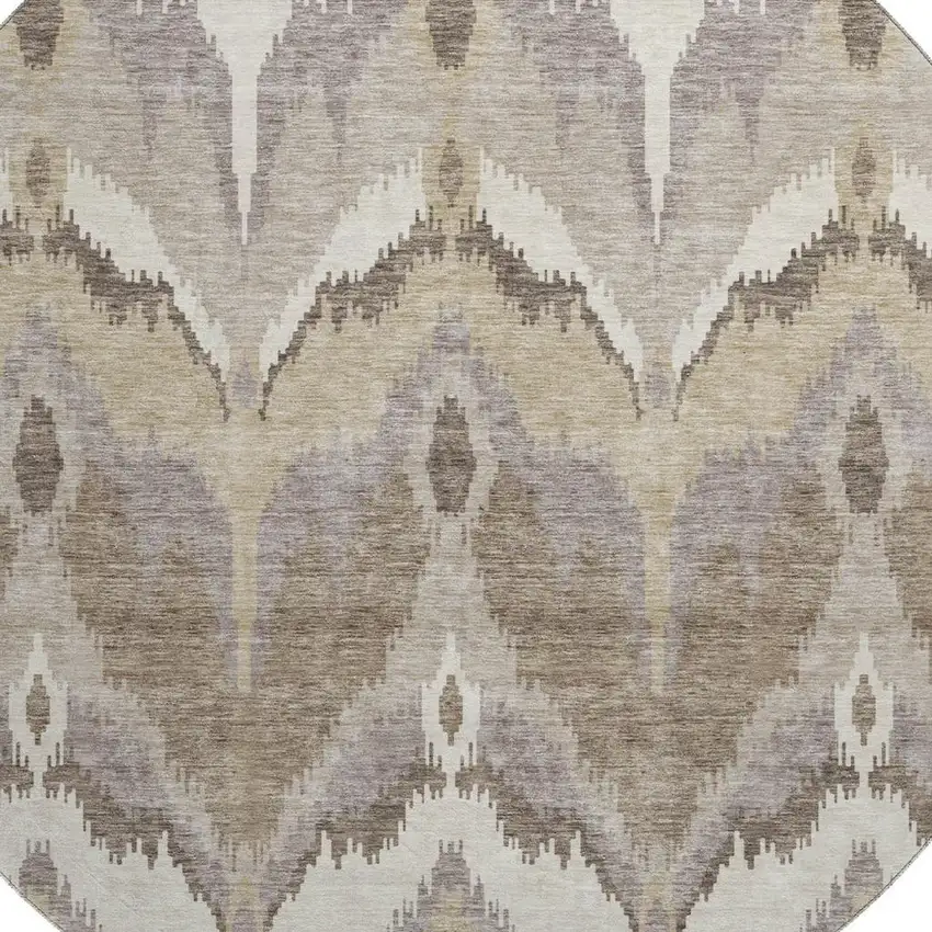 8' Beige Gray And Ivory Ikat Washable Round Rug With UV Protection Photo 3