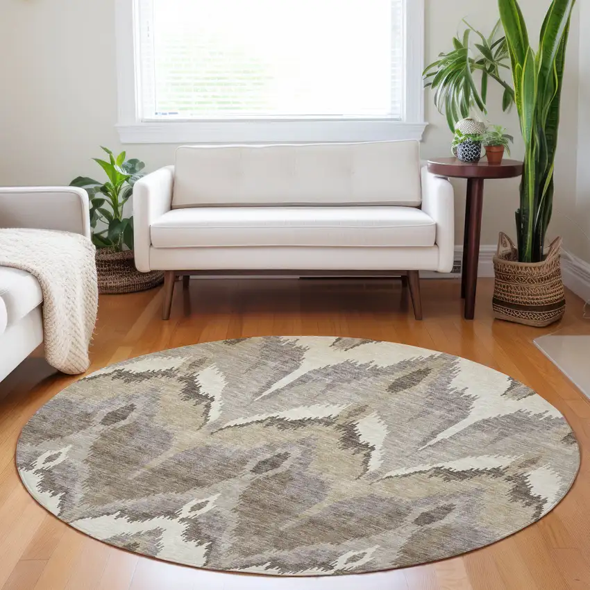 8' Beige Gray And Ivory Ikat Washable Round Rug With UV Protection Photo 5
