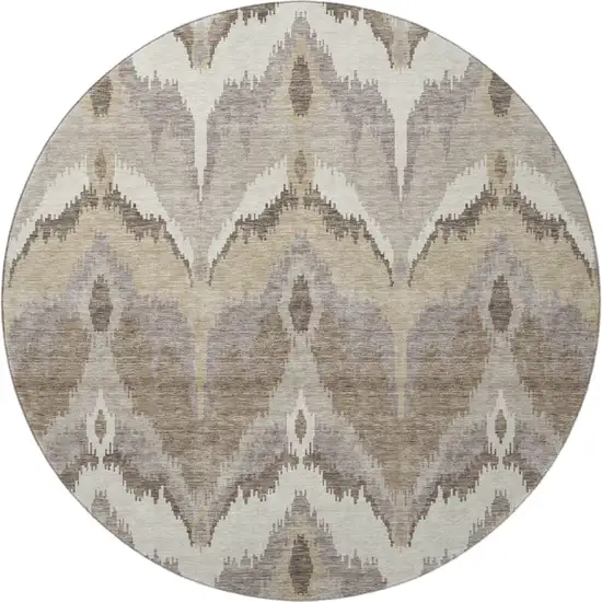8' Beige Gray And Ivory Ikat Washable Round Rug With UV Protection Photo 4
