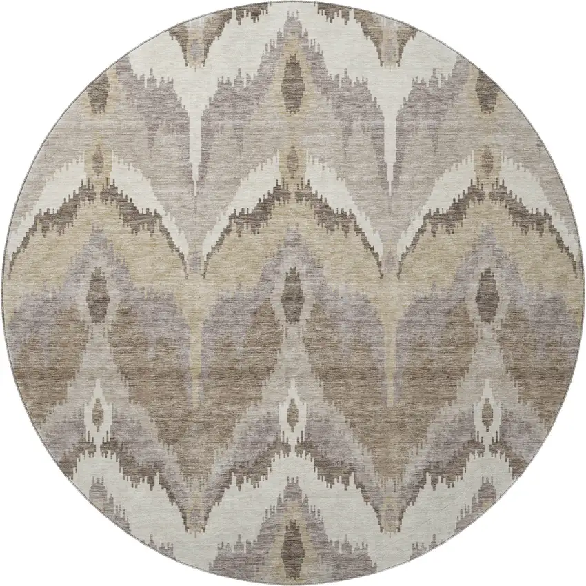 8' Beige Gray And Ivory Ikat Washable Round Rug With UV Protection Photo 4