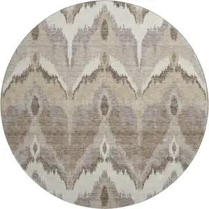 Photo of 8' Beige Gray And Ivory Ikat Washable Round Rug With UV Protection