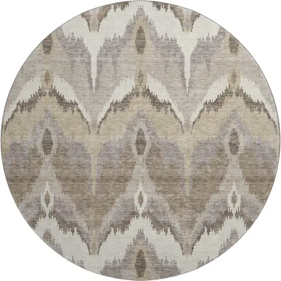 8' Beige Gray And Ivory Ikat Washable Round Rug With UV Protection Photo 1