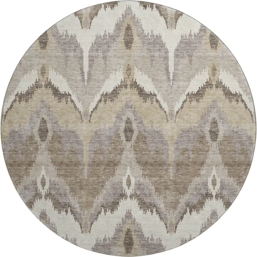 8' Beige Gray And Ivory Ikat Washable Round Rug With UV Protection Photo 1