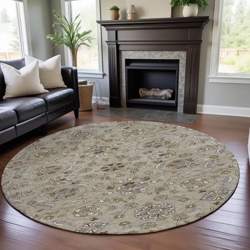 8' Beige Gray And Ivory Moroccan Washable Round Rug With UV Protection Photo 4