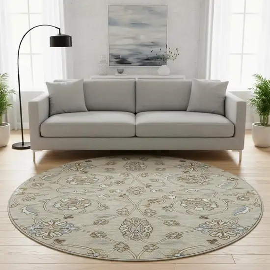 8' Beige Gray And Ivory Moroccan Washable Round Rug With UV Protection Photo 2