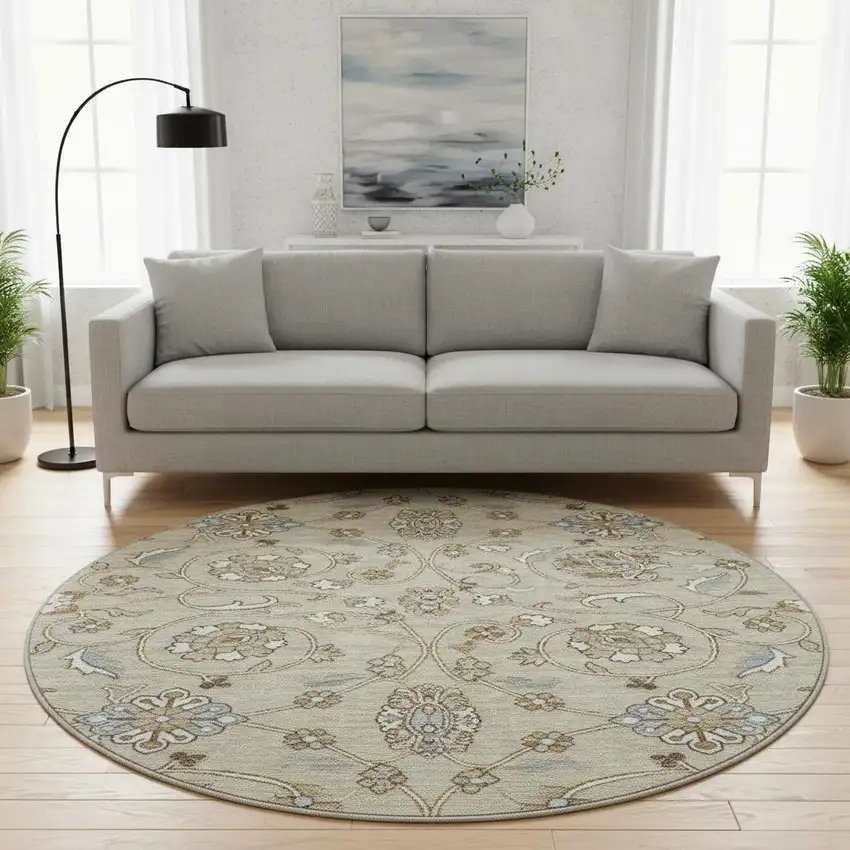 8' Beige Gray And Ivory Moroccan Washable Round Rug With UV Protection Photo 2