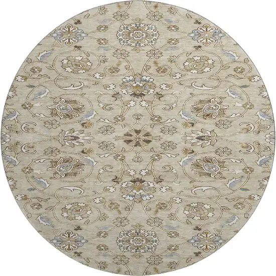 8' Beige Gray And Ivory Moroccan Washable Round Rug With UV Protection Photo 1