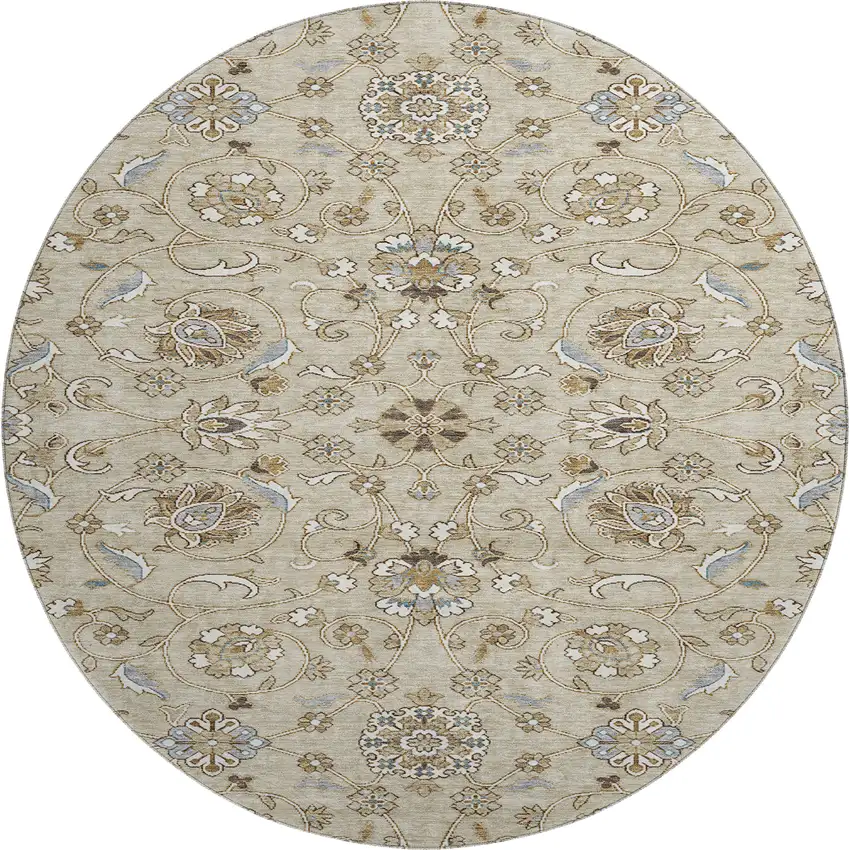 8' Beige Gray And Ivory Moroccan Washable Round Rug With UV Protection Photo 1