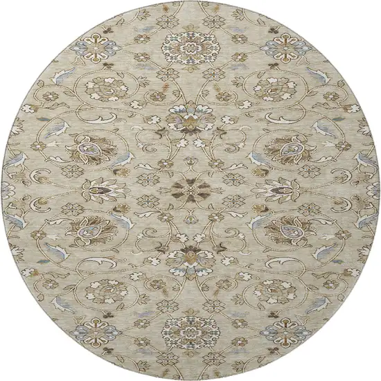 8' Beige Gray And Ivory Moroccan Washable Round Rug With UV Protection Photo 3