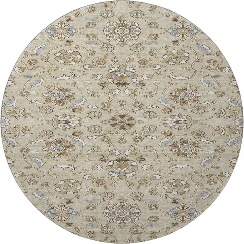 8' Beige Gray And Ivory Moroccan Washable Round Rug With UV Protection Photo 3