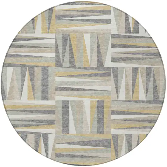 8' Beige Gray And Ivory Round Geometric Washable Indoor Outdoor Area Rug Photo 5