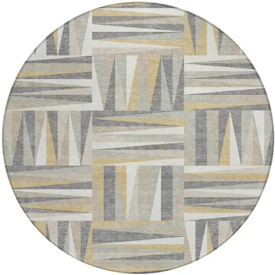 8' Beige Gray And Ivory Round Geometric Washable Indoor Outdoor Area Rug Photo 2