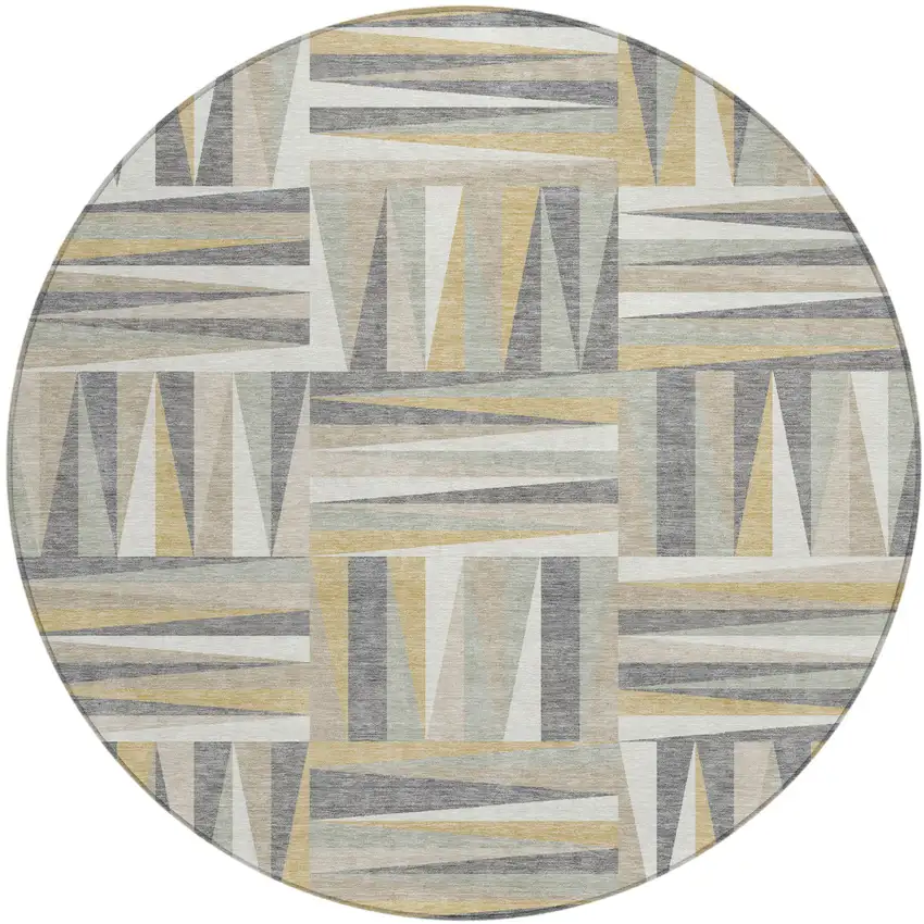 8' Beige Gray And Ivory Round Geometric Washable Indoor Outdoor Area Rug Photo 2
