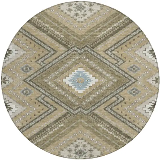 8' Beige Gray And Ivory Round Tribal Washable Indoor Outdoor Area Rug Photo 2