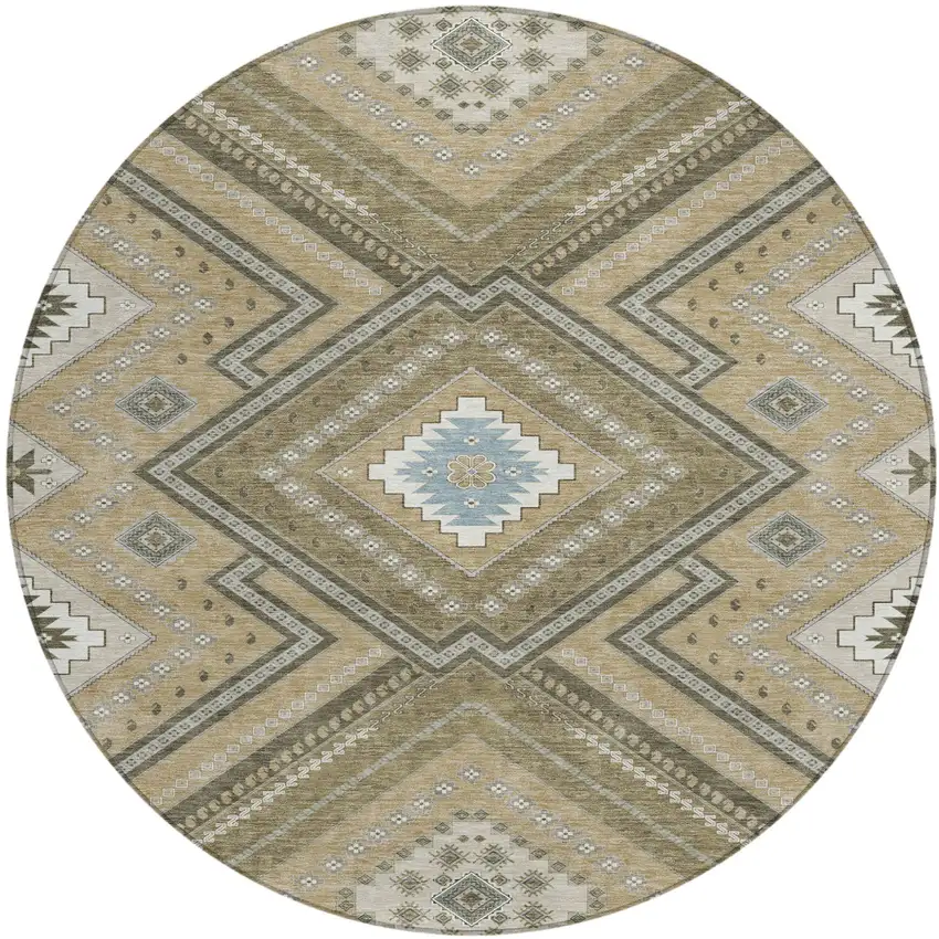 8' Beige Gray And Ivory Round Tribal Washable Indoor Outdoor Area Rug Photo 2
