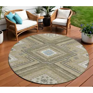 Photo of 8' Beige Gray And Ivory Round Tribal Washable Indoor Outdoor Area Rug